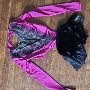 Pink and Black Long Sleeve Dance Leotard Open Back, Adult Small